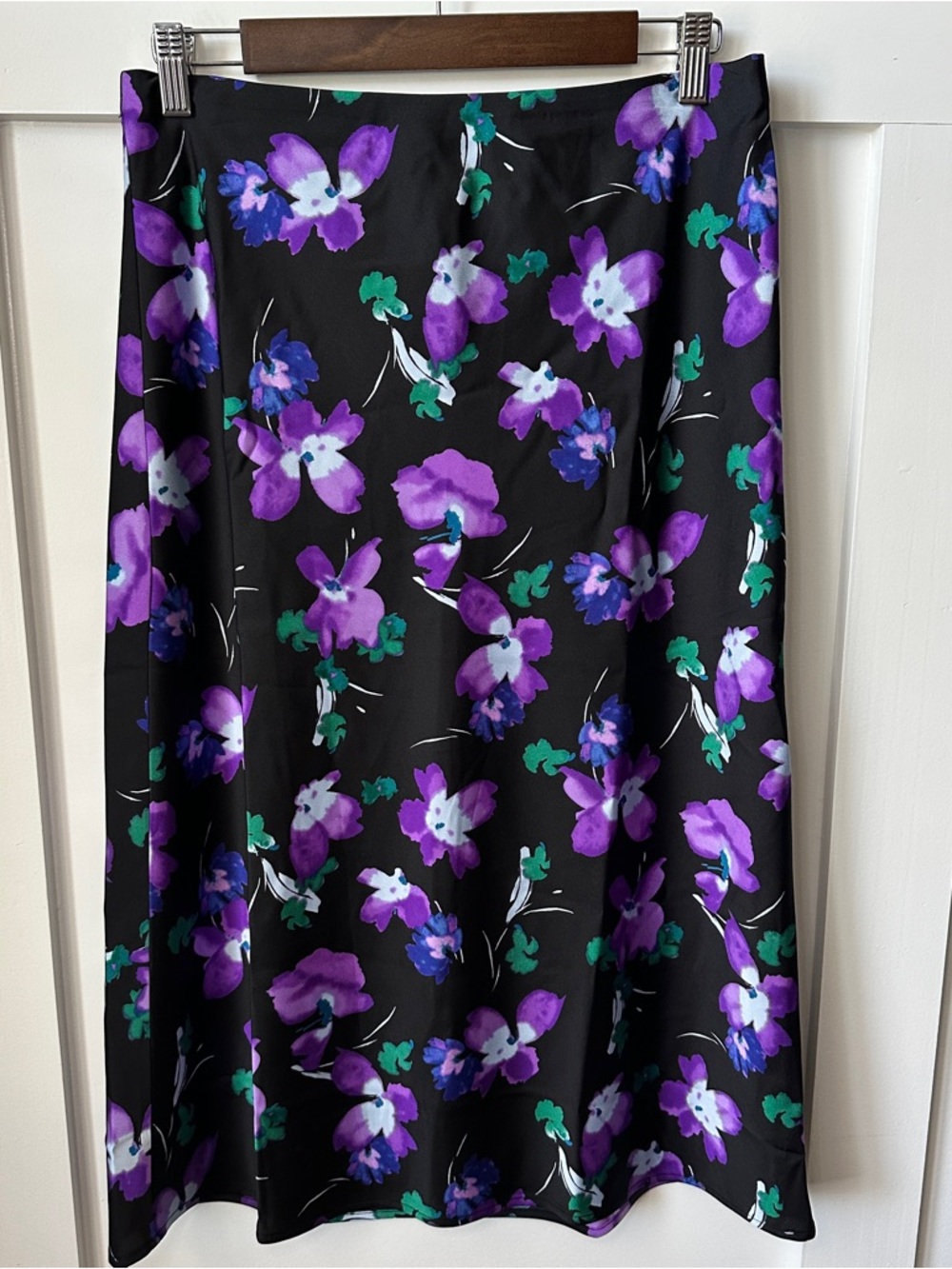J. Crew Black A-Line Midi Skirt with Purple Floral Print
